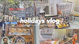 holiday vlog 🍙🥟 ーmanga shopping, merch haul, albedo banner, one piece figures, food🍡