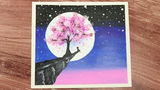 CHERRY BLOSSOM UNDER MOONLIGHT | EASY PAINTING TUTORIAL | ACRYLIC PAINTING TECHNIQUE | ARTz