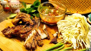 【4K-SUBs】grilled pork spicy dipping sauce คอหมูย่างน้ำจิ้วแจ่ว 烤猪肉辣蘸酱