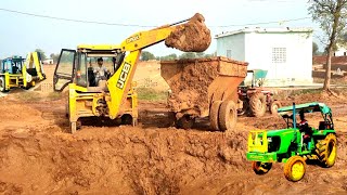 Jcb 3DX Eco Backhoe Loaded Mud in Bricks Making Machine Atteched Massey 1035 and John Deere Tractor