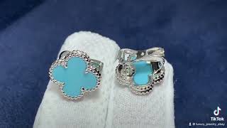 Custom Van Cleef Arpels 18K White Gold Turquoise Vintage Alhambra Earrings