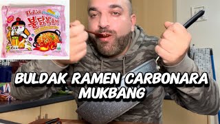 Buldak ramen carbonara, toppoki, gyoza and mushroom mukbang