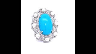 Natural Turquoise, South Sea Pearl & Diamond Ring in 14k White Gold