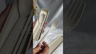 Sendok Garpu Sumpit Portabel Set Jerami / Alat Makan Bahan Gandum 3 IN 1