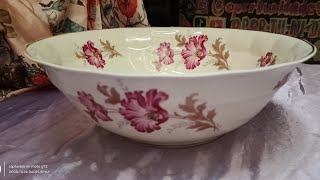 Gran fuente Ensaladera Ponchera Porcelana antigua francesa Raynaud Limoges Marfil Magenta y oro