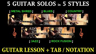 GUITAR SOLOS in every STYLE Lesson TABS | Metal Shred / Blues / Country / Jazz / Rock Fusion