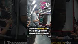 Man on MRT refuses to give up seat to elderly woman while blocking others from holding the train bar