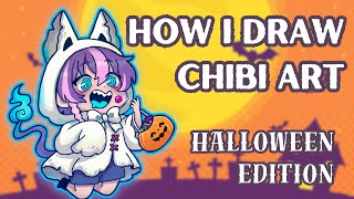 How I Draw in a Chibi Art Style - Halloween Vtuber Asset Making Art Process Tutorial Video