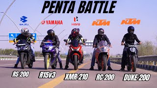 hero Karizma xmr 210 vs pulsar rs 200 vs  R15 v3 vs ktm rc 200 vs ktm Duke 200 | Penta battle 😱