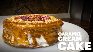 Caramel cream cake filled with almonds easy recipe