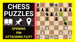 Chess Puzzles to Practice. Themes: Opening, Pin, Attacking f2 or f7. Learn Chess