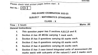 Class 10 Maths (Standard) Pre board Question Paper (2022 - 2023) | Cbse Board Exam