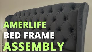 AMERLIFE Queen Size Platform Bed Frame, Velvet Upholstered Sleigh Bed with Scroll Wingback Assembly