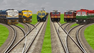 6 TRAINS CROSSING ON BUMPY CURVED RAILROAD TRACKS | Train Simulator | Railroad Crossing