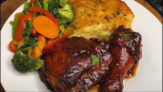 Full Dinner Recipe, BBQ Chicken, Cheesy Potato Pie, Garlic Stir Fry Veggies