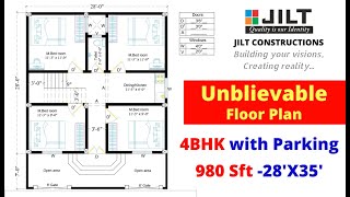 Unbelievable floor plan -4BHK with Parking in 980 sft, 28'X35'- House plan in less Area - Architects