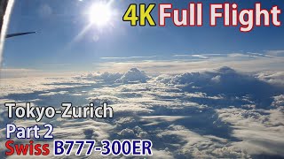 Full flight video, Tokyo (Narita) to Zurich, B777, Swiss, Part 2 [4K]