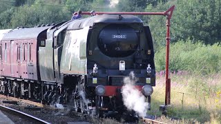 34067 ‘Tangmere’ departing Hellifield with whistles and an Ilkley moor from 57313 on the rear!