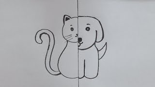 How to draw a Cute Dog and Cat | Half face drawing - 13 @TamilNewArt