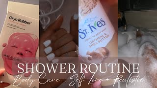 REALISTIC SHOWER ROUTINE | SKIN CARE ROUTINE + NEW EXFOLIATOR, TRYING NEW BODY WASH