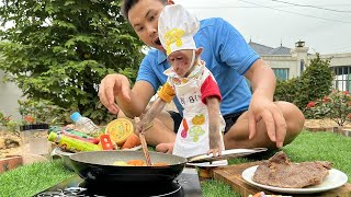 Bibi enliste helps Dad cook a super delicious steak for Grandma!