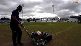 Preparing the cricket wicket at the Emirates Riverside with the Dennis Razor Ultra Mower