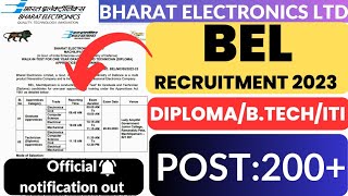 BEL Recruitment 2023 | Diploma/B.tech/ITI | Bharat Electronics Limited Vacancy | Latest Job Updates