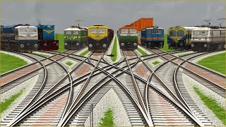 EIGHT TRAINS CROSSING AT CURVED BRANCHED 3D RAILROAD CROSSING TRACKS |Train Simulator