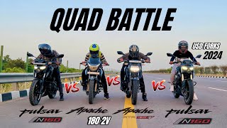 pulsar n160 2024 vs  Apache RTR 1604v vs Apache rtr 180 2v vs pulsar 160 2023 | QUAD BATTLE 😱