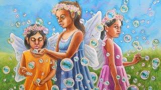 Watercolor Painting of Fairies Playing with Soap Bubbles