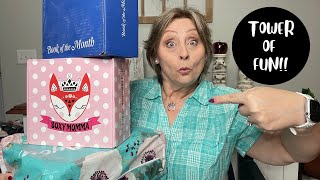 A TOWER OF FUN UNBOXING | Book of the Month Club, Boxy Momma & Journal Junk Box