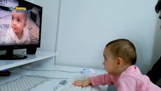 Cute erva baby  seeing himself - Computer crashed -  Cute baby videos