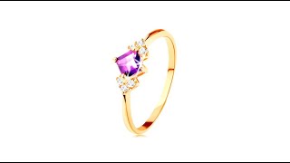 Schmuck - 14K Gelbgoldring - violettes Amethystquadrat, klare Zirkone