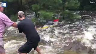 Heroic moment men work together to rescue dog from flood