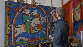 Novosibirsk region, September 20, 2020. The artist is working on a sketch of a stained glass window