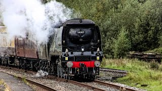 (4k) 34067 tangmere departs Hellifield with wheelslip with Carlisle to Liverpool lime street