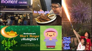 Mừng lễ hội Hari Raya cả nhà đi ăn món Tây và chơi pháo vàoban đêm tại Malaysia/Hari Raya ở Malaysia