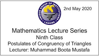 Mathematics Ninth Class - Postulates of Congruency of Triangles (chapter 10)