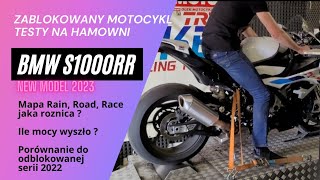 BMW S1000RR 2023 - Test na hamowni zablokowanego motocykla Rain Road Race ile mocy porównanie z 2022