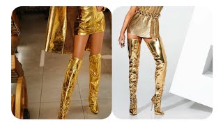 gold outfits/over knee gold boots/gold boots with gold track dresses #goldfashion