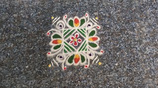 Creative Rangoli with 7-4 dots 🌸| Easy Flower Rangoli design || Easy dots Kolam | Flower muggulu