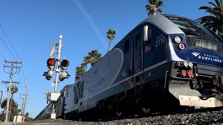 Amtrak 777 CDTX 2110 leads @ Olive Street Railroad Crossing 3-26-24