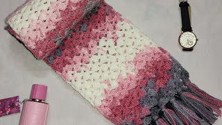 كروشيه كوفيه شال مستطيل بغرزة سهلة جدا_الجزء الثانى طريقه تركيب الشراشيب_scarf with very easy stitch