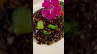 Chicken Chili Oil Dim Sum, Bok Choy Dim Sum and Black Rice with Veggies in Chili Garlic Basil Sauce.