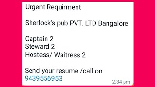 Bangalore# hotel job vacancy to captain 2 stuar and posters#