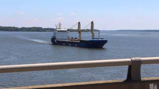 ship passing under Hamilton lift Bridge in Virginia on James River