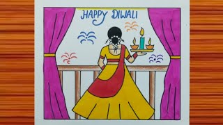 A Traditional Girl Celebrates Diwali Drawing / Diwali Drawing / Festival Drawing / Diwali Poster