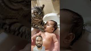 Cat bathes baby