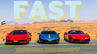 Lamborghini Huracan Evo powers through the desert Road with a Ferrari 488 and Performante | Dubai