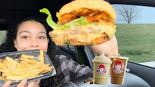 Wendy’s loaded Nacho Cheeseburger 😳AND Queso Fries mukbang WITH a Pumpkin Cold Brew and Frosty